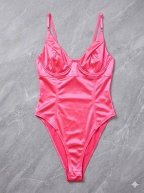 Hot Pink Satin Underwire Bodysuit XL Vibrant Glossy Corset Style Sexy Barbiecore